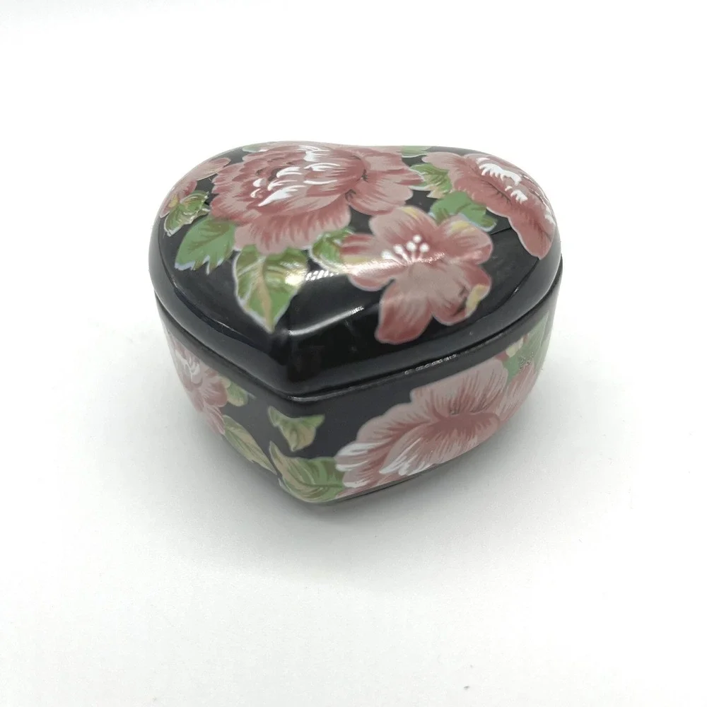 Otagiri Tavistock Floral Garden Heart Trinket Box Black Pink Roses Hinged Lid‎